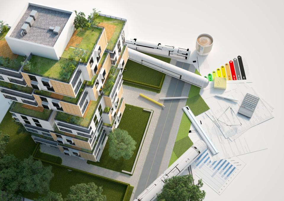 3D-Darstellung eines Modells nachhaltiger Gebäudearchitektur mit Entwürfen