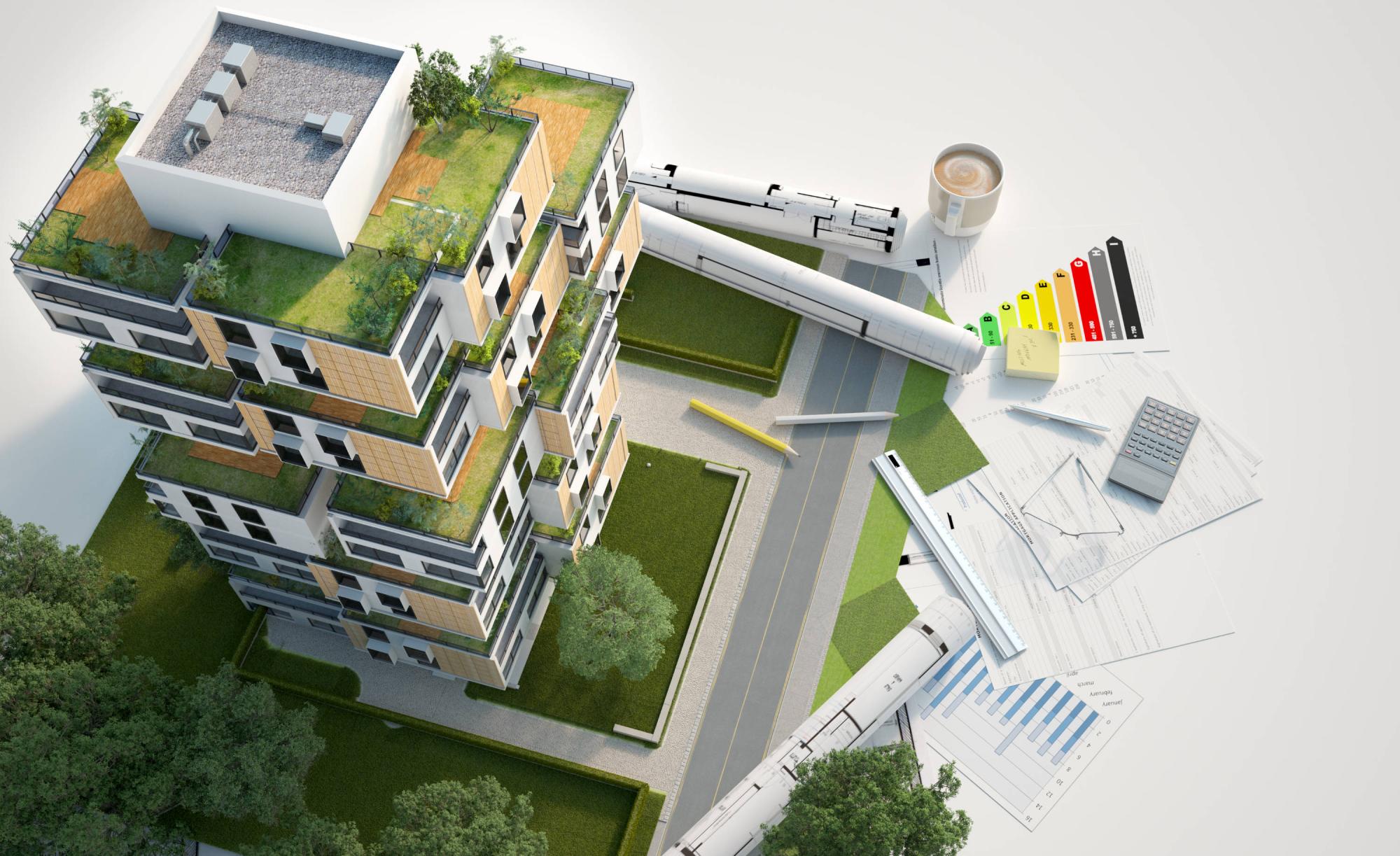 3D-Darstellung eines Modells nachhaltiger Gebäudearchitektur mit Entwürfen