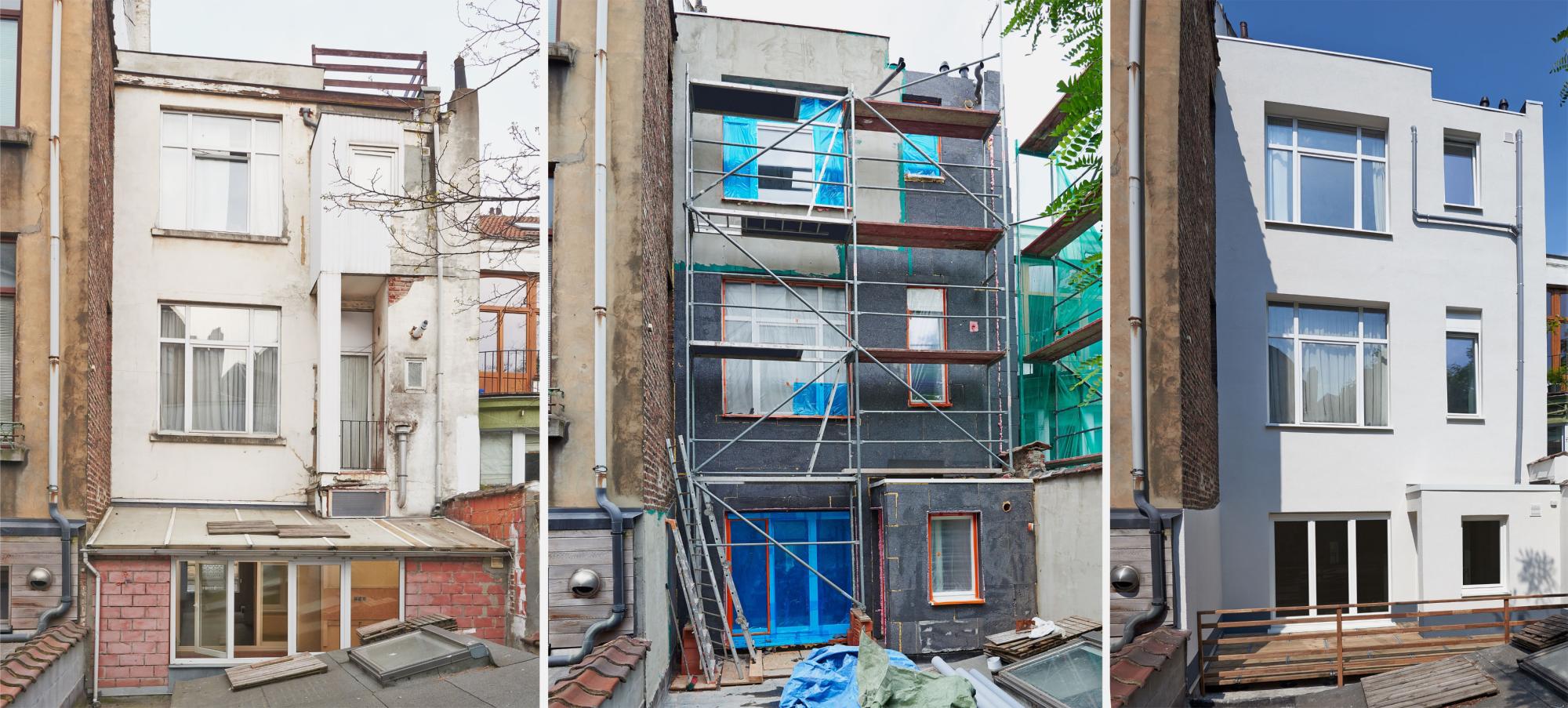 Drei Stufen der Reparatur und Isolierung der Außenfassade vor und nach dem Bau